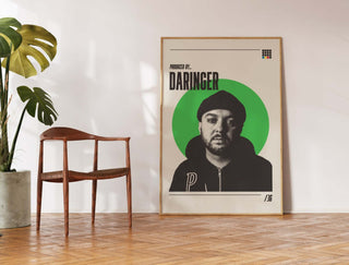 Museum-quality Daringer poster with green circle design on matte paper, unframed, modern interior setting.