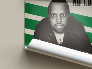 Museum-quality NO I.D. poster with thick matte paper, featuring iconic hip-hop producer, available in multiple sizes.