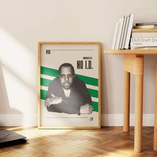 NO I.D. poster with iconic producer image, museum-quality matte paper, displayed in a stylish room setting.