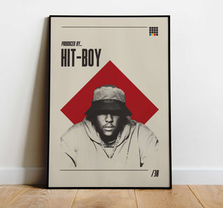 Hit-Boy black and white halftone poster, museum-quality matte print, music studio decor.