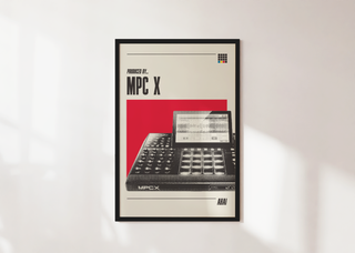 MPC X poster featuring music production equipment with modern design in red and black tones, displayed in a frame.