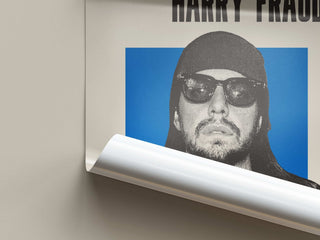 Harry Fraud music poster featuring black-and-white portrait with blue background, printed on matte paper.