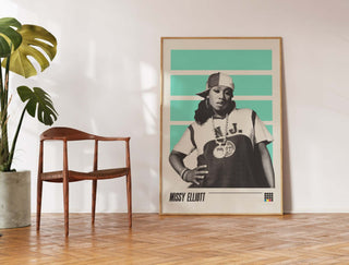 Museum-quality Missy Elliott poster on matte paper with vibrant design, available in various sizes.