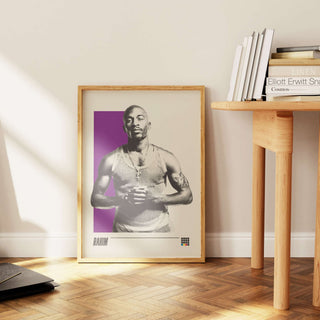 Rakim museum-quality poster on thick matte paper, unframed, in room setting.