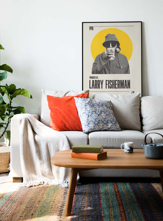 Larry Fisherman museum-quality poster in living room setting, thick matte paper, no frame.