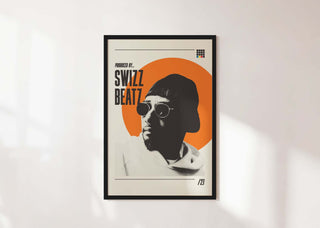 Museum-quality Swizz Beatz poster on matte paper, black-and-white design with orange background, showcasing the legendary producer.