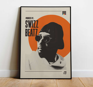 Museum-quality poster of Swizz Beatz, available in six sizes, featuring bold matte finish and iconic design.